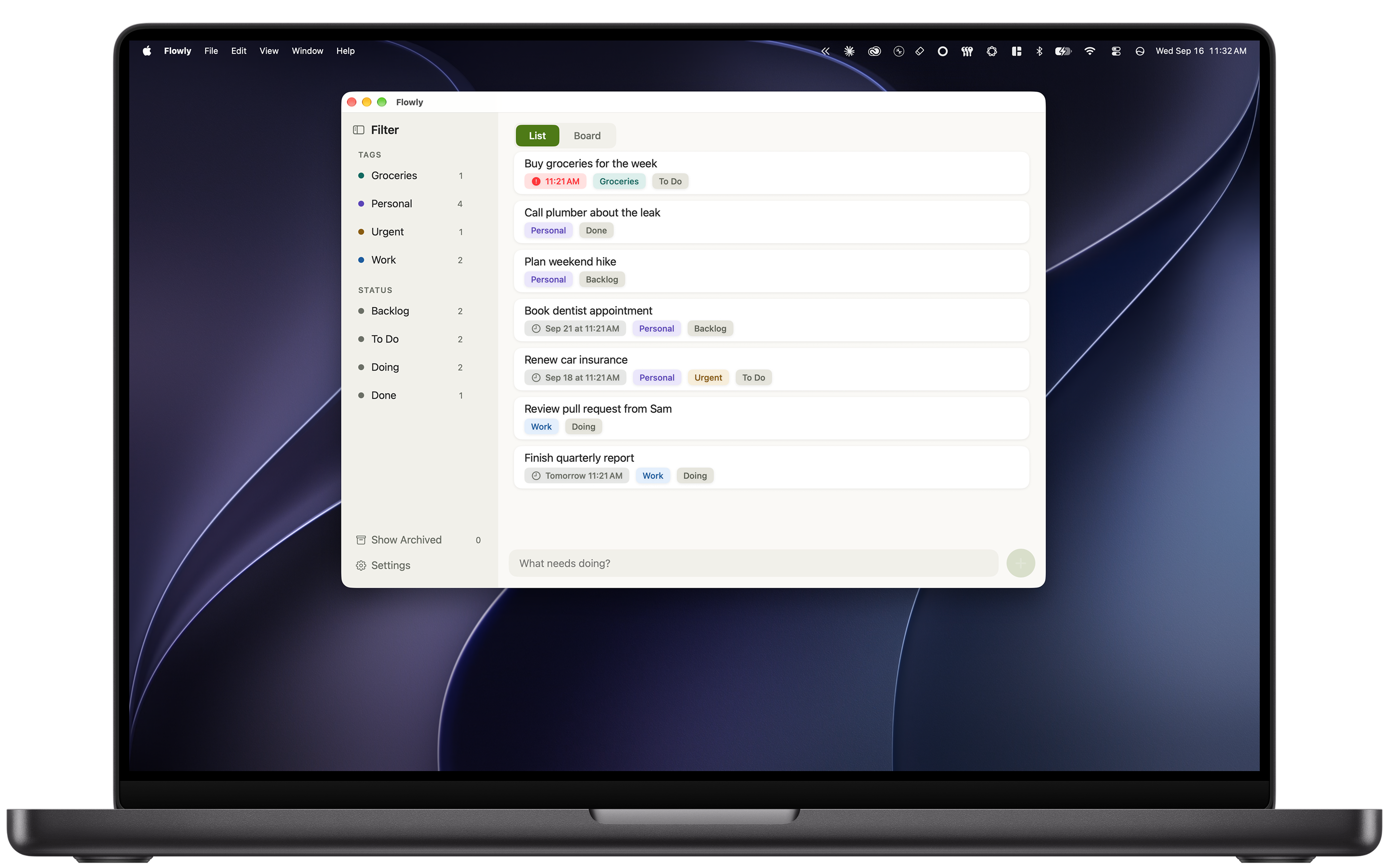 Flowly's List view on Mac, showing tasks with tags and due dates